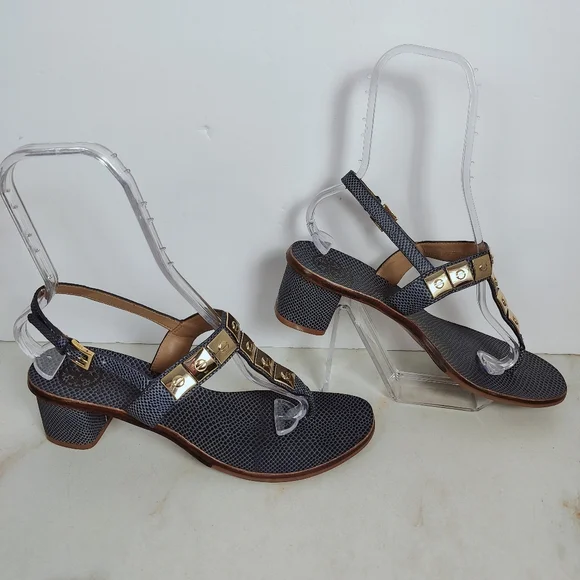 Tory Burch Navy Snake Print Leather Studded T-strap Block Heel Sandals, 10.5 - Picture 2 of 15